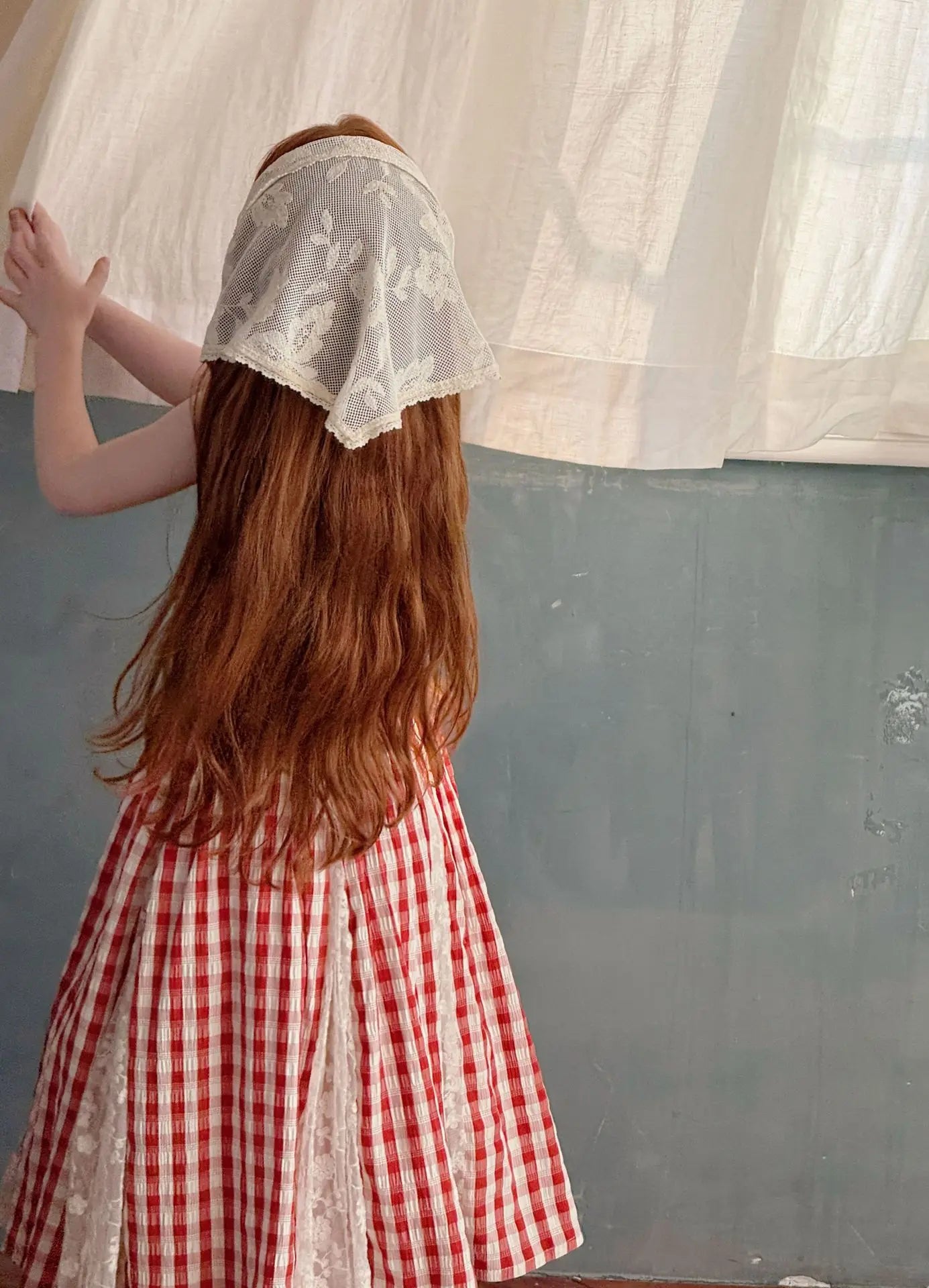 2025 Summer New Children Fairy Long Dress for Girls French Red Checkered Lace Splicing Lace Strap Dress