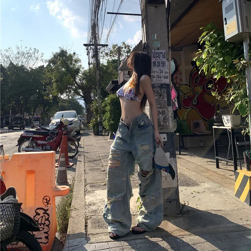 Bf Style Ripped Heavy Industry Straight Jeans Women's Do old High Waisted Y2K Streetwear Loose Wide Leg Trousers