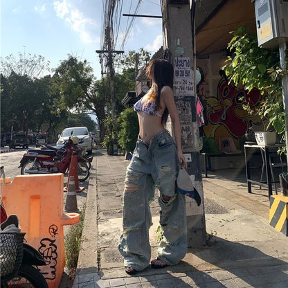 Bf Style Ripped Heavy Industry Straight Jeans Women's Do old High Waisted Y2K Streetwear Loose Wide Leg Trousers
