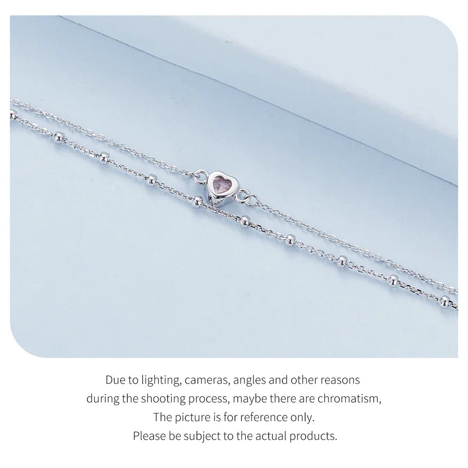 925 Sterling Silver Double Layer Bracelet Pink Heart Adjustable Round Beads Chain Link for Women Valentine's Day Gift
