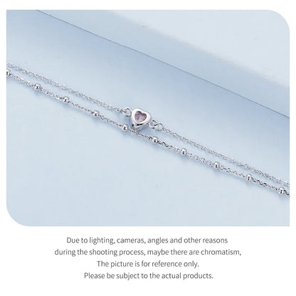 925 Sterling Silver Double Layer Bracelet Pink Heart Adjustable Round Beads Chain Link for Women Valentine's Day Gift