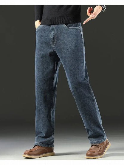 Men's Spring Autumn Soft Baggy Jeans Casual Straight Stretch Wide-Leg Business Denim Pants Versatile Comfortable Loose Trousers