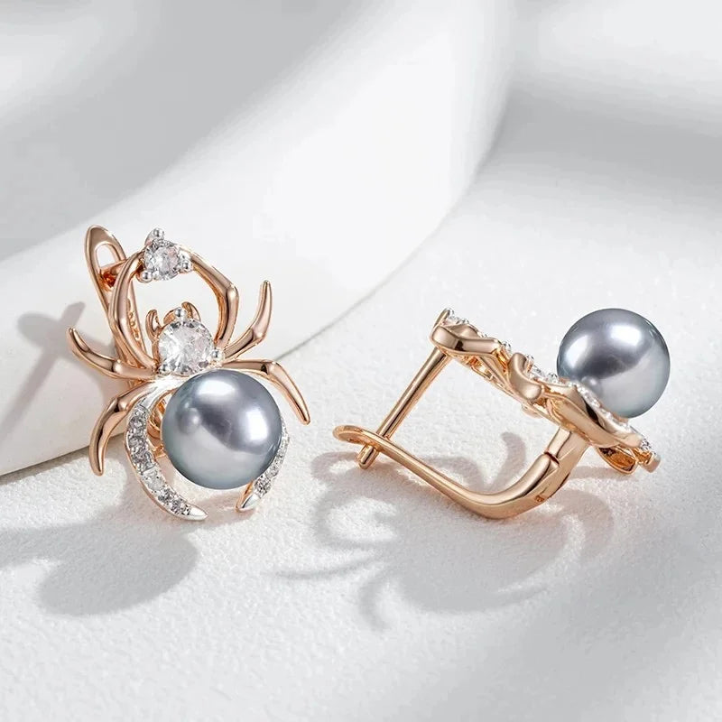Hot Gray Pearl Animal jewelry Set for Women Spider Earrings Necklace and Ring 585 Rose Gold Silver Color Mix Retro Jewelry