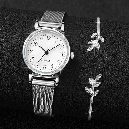 2PCS Fashion Women Quartz Watch Steel Mesh Band Watches Opening Cuff Bracelet Bangle Set（Without Box）