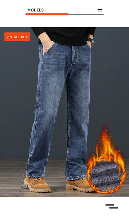 Winter Fleece Men Jeans Classic Loose Straight Warm Thicken Trousers Business Casual Velvet Elastic Denim Pants Plus Size 42 44