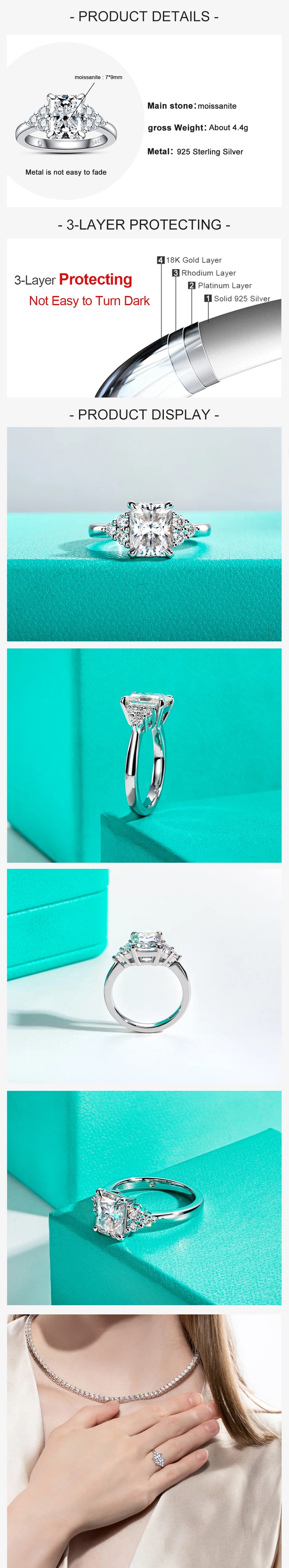 3ct Radiant Cut D Color Moissanite Engagement Ring 18K Gold Plated Luxurious Wedding Ring Women Jewelry Wholesale