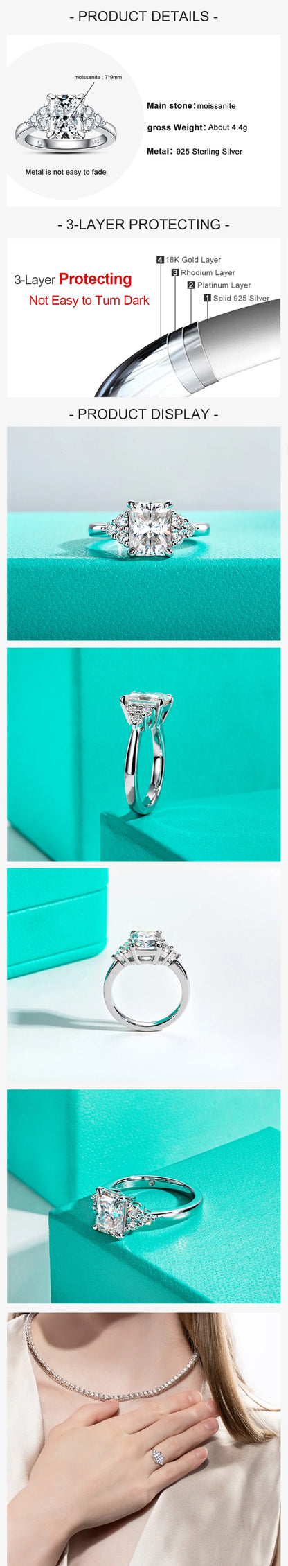 3ct Radiant Cut D Color Moissanite Engagement Ring 18K Gold Plated Luxurious Wedding Ring Women Jewelry Wholesale
