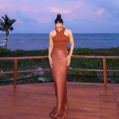 Satin Sexy Hollow Out Women Maxi Dress Black Sleeveless High Waist Dress Female Autumn Skinny Elegant Party Clubwear