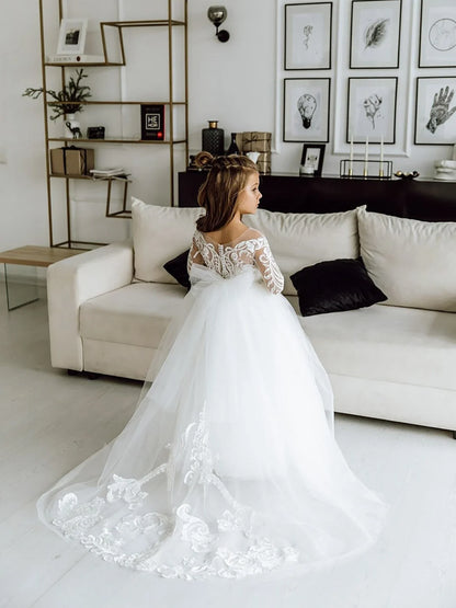 Communion Girl Dress Lace Appqulies Bodice Floor-length Skirt Puffy Dress with Long Train Formal Party Toddler Clothe