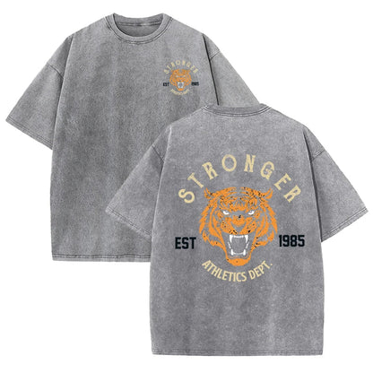 Stronger Tiger Sport Print Wash T Shirt Woman Summer Comfortable Washed Tee Casual Shortwear Soft Cotton Unisex Clothes