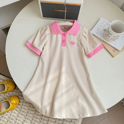 2026 Summer Stylish Girls' Polo Shirt Dresses 1-7Y Trendy Embroidered Heart Lapel Dress for Kid's Children's Clothing Outfit