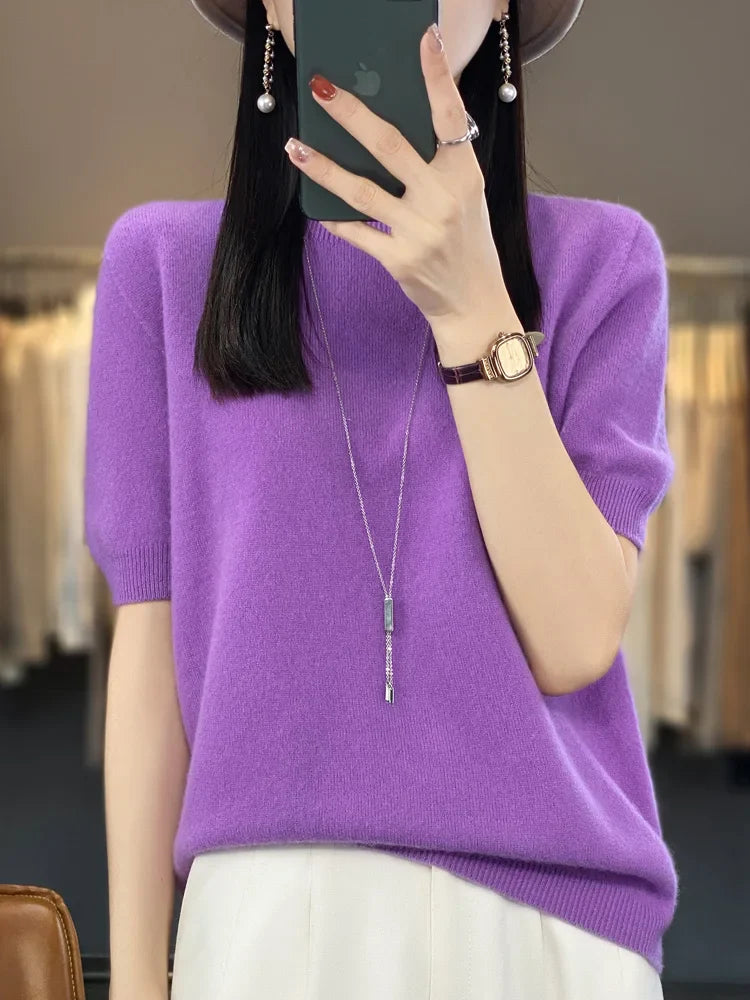 100% pure wool T-shirt spring and summer new women's O-neck pullover short sleeve loose five-sleeve sweater high-end top