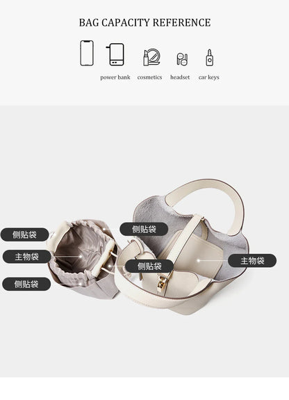 2025 Casual Fashion Female Genuine Leather Bucket Bag Luxury Handbag High-End Tote Bag Woman Cow Leather Mommy Bag & Metal Lock