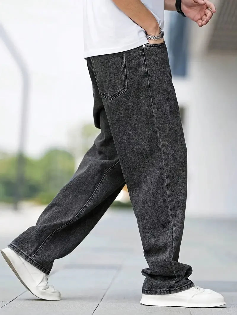Men's Dark Grey Straight Leg Jeans - Minimalist Casual Denim Pants