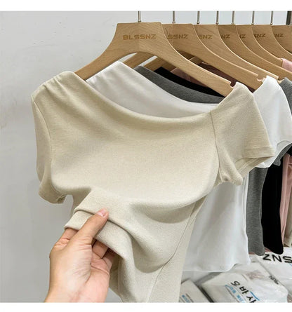Womens Long Sleeve Off Shoulder T Shirts 2026 Tight Knit Sexy Slim Fitted Casual Women's Basic Tops Cropped T-Shirt