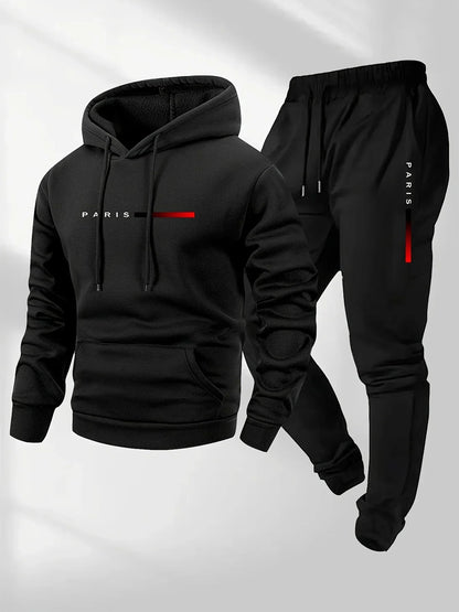 PARIS Letter Print Sweatshirt Suit Men's Fleece Hoodie Pants Set Spring Autumn Winter Warm Casual Sports Pullover Trousers Sets