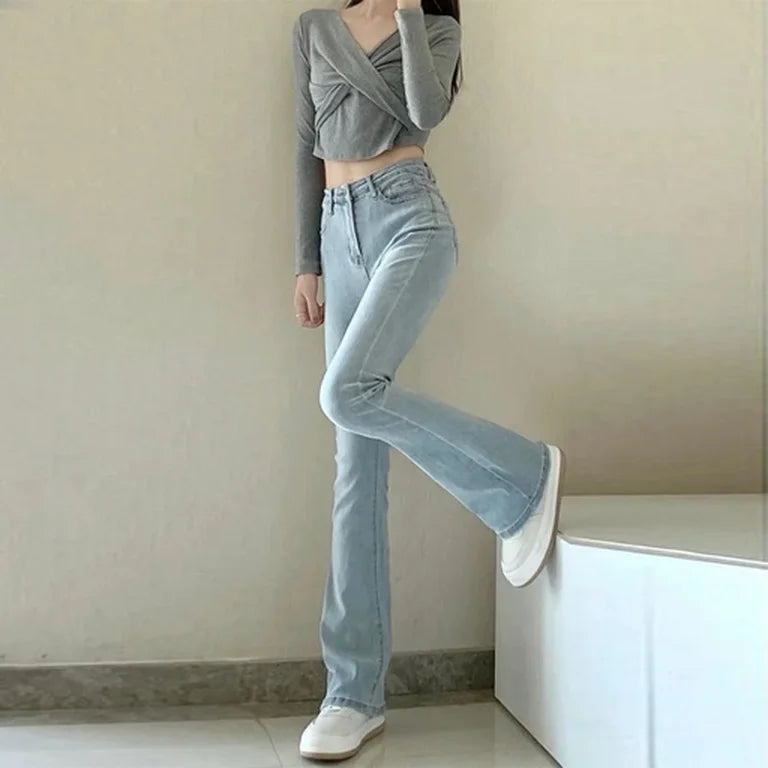 High-waist Elastic Slim Fit Street Style Straight Crotch Bell Bottoms