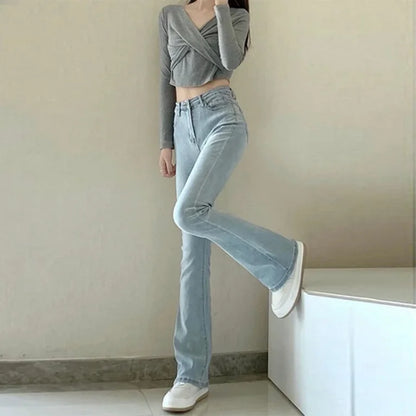 High-waist Elastic Slim Fit Street Style Straight Crotch Bell Bottoms