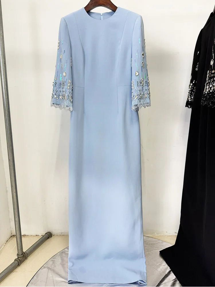 Fashion 2026 S/S Designer Vestido Women's Half Sleeve Stunning Beaded  Long Maxi Dress