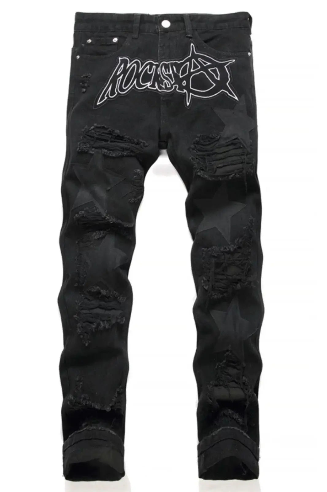 Punk Style Men's Slim Fit Straight Leg Denim Jeans Black Hole Patch Embroidery No Stretch Fashion Urban Casual Cotton Polyest...
