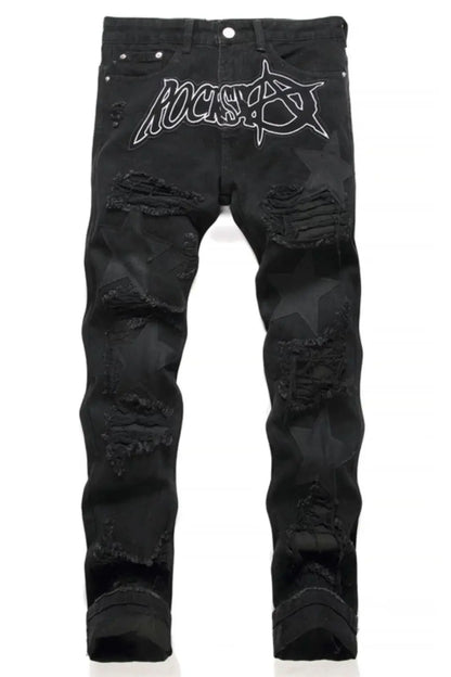 Punk Style Men's Slim Fit Straight Leg Denim Jeans Black Hole Patch Embroidery No Stretch Fashion Urban Casual Cotton Polyest...