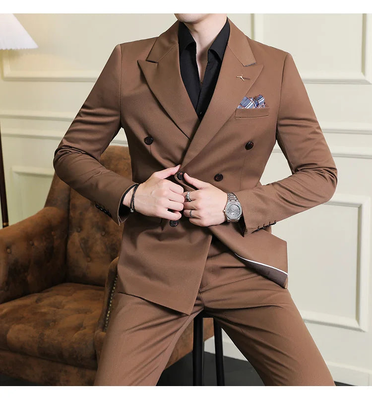 ( Blazers + Pants ) Boutique Fashion Solid Color Double-breasted Men's Casual Business Slim Suit 2-piece Set Groom Wedding Dress