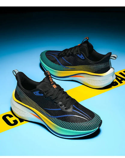 Sapatos de corrida esportivos casuais masculinos e femininos de moda com superfície de malha respirável, suporte de placa de carbono e sola de borracha resistente ao desgaste