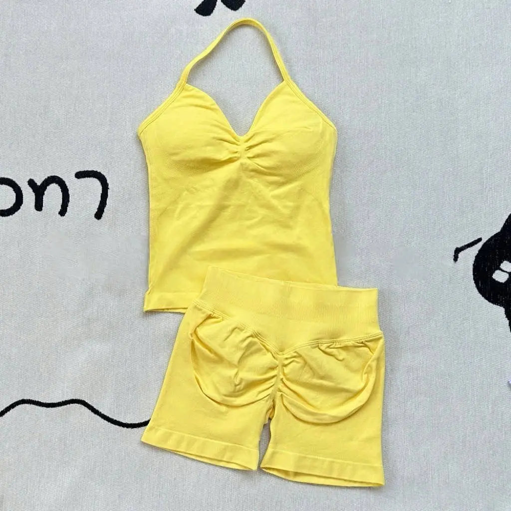 Women Gym Suit Clothes Longline Strappy Top Bras Seamless Running Shorts Sports 2 PCs Fitness Suit Running Workout Yoga Set