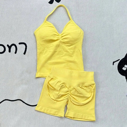Women Gym Suit Clothes Longline Strappy Top Bras Seamless Running Shorts Sports 2 PCs Fitness Suit Running Workout Yoga Set