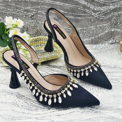 Pointed-Toe High Women Heels Shoes and Bags for Women Rhinestone Evening Party Elegant Luxury Handbag