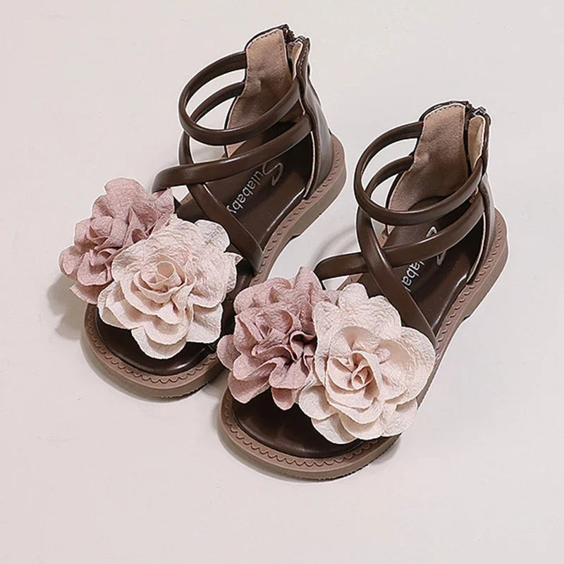 Girls' Sandals 2024 Summer New Children's Flower Princess Shoes Soft Sole Anti Slip Baby Girls' Roman Sandals