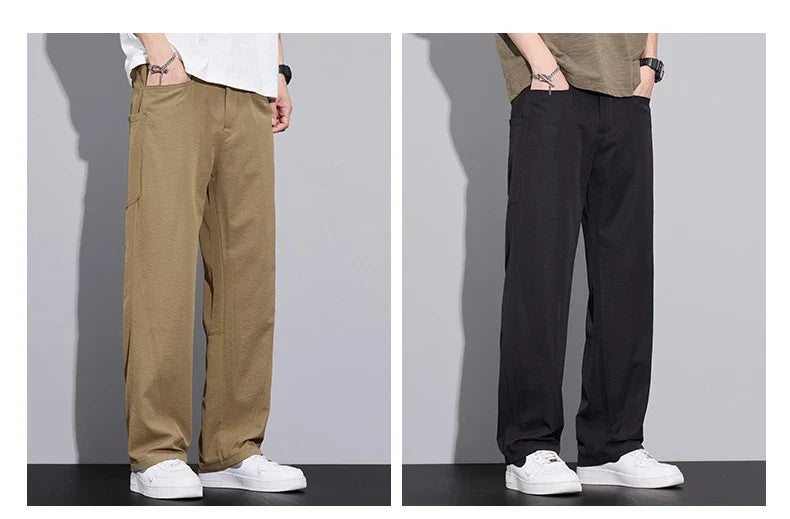 2026 Summer Thin Men's Loose Pants with Large Pockets Work Style Casual Straight Solid Color Male Simple Baggy Pants