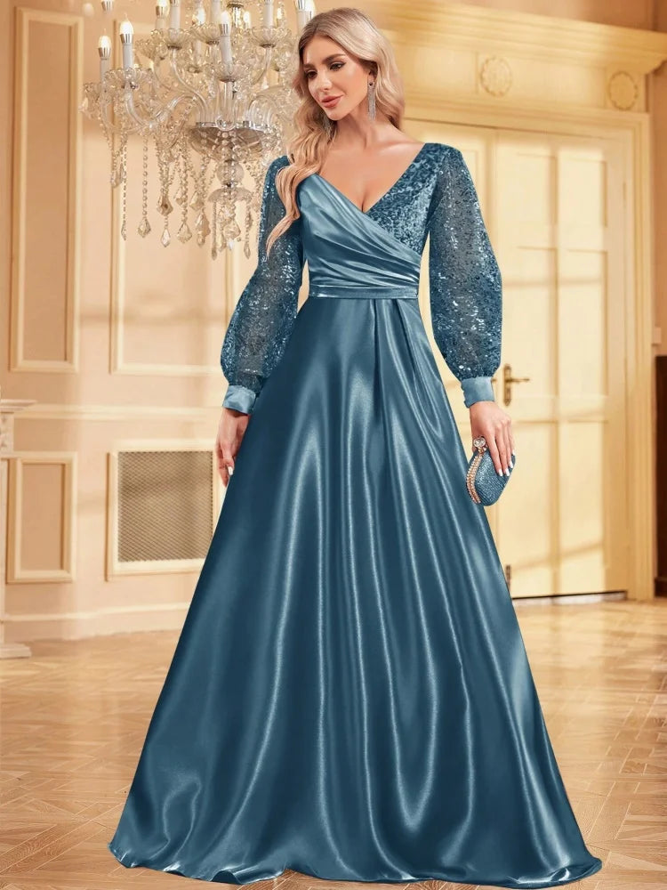 Luxury Blue V-Neck SequinS Evening Dress 2025 Elegant Women Party Maxi Dress Long Sleeve Cocktail Dress Prom Graduation Gowns
