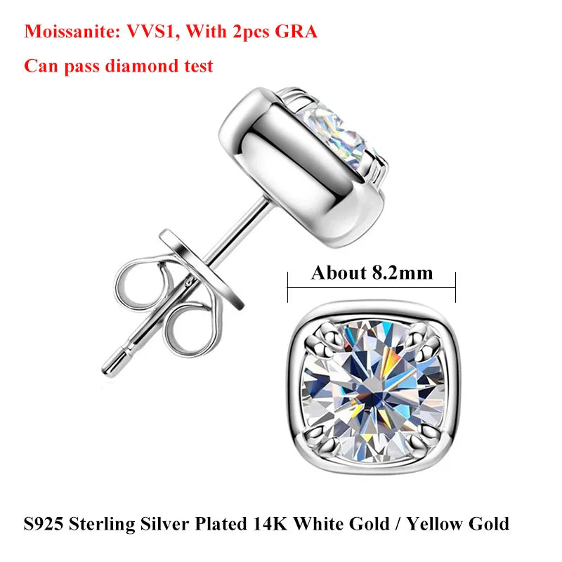 1CT 6.5mm D Color Moissanite Stud Earrings for Women Men 925 Silver Plated 18k Party GRA Certified Wedding Ear Studs Gift