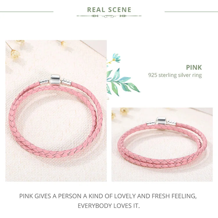 Genuine Long Double Pink Black Braided Leather Chain Women Bracelets with 925 Sterling Silver Snake Clasp PAS908