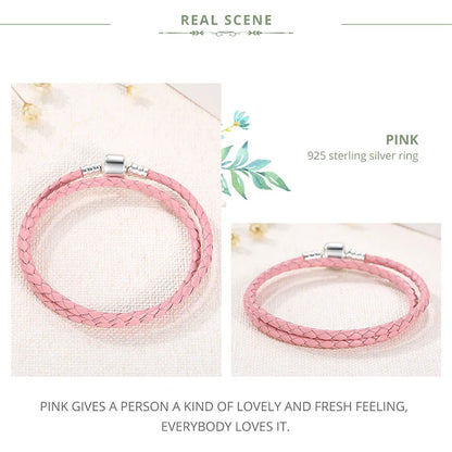 Genuine Long Double Pink Black Braided Leather Chain Women Bracelets with 925 Sterling Silver Snake Clasp PAS908