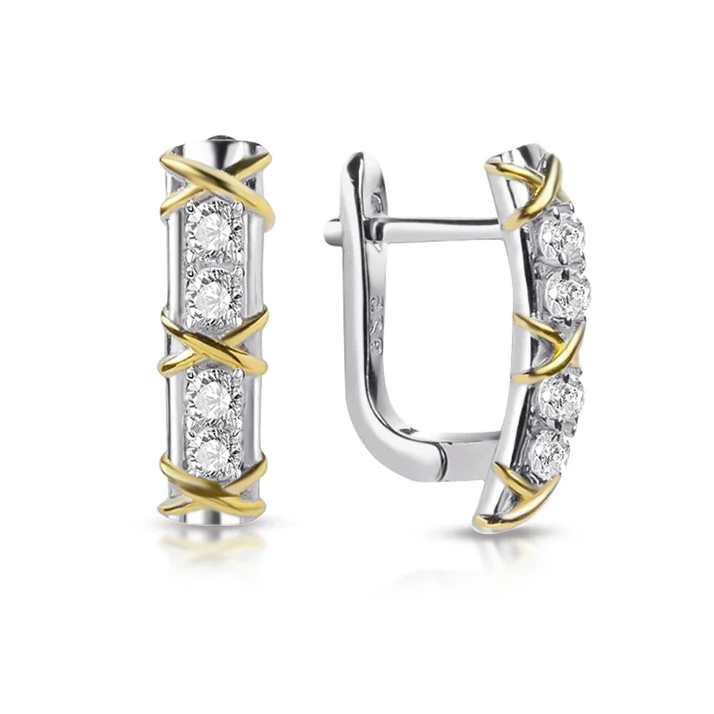 X-Shape Yellow Gold Cross Moissanite Diamond Hoop Earrings for Women 925 Sterling Silver Plated 18k Gold U-shaped Ear Buckle