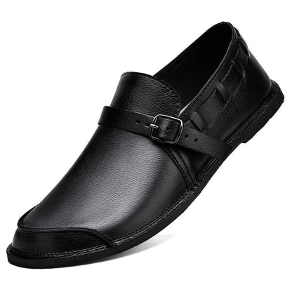 Sapatos Masculinos de Couro com Bico Largo e Sem Cadarço, Flats Casuais Minimalistas Antiderrapantes Primavera Verão Outono