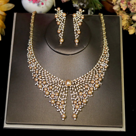 Luxury Cubic Zirconia 2pcs Pearl Necklacе Nigeria Dubai Bridal Wedding Jewellery Sets For Women Party  Accessories