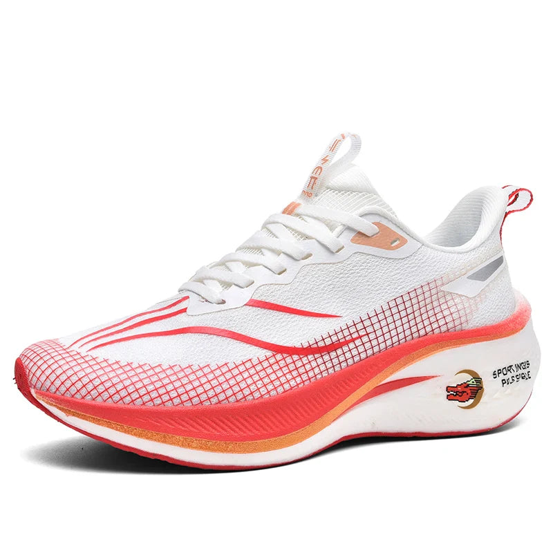 Sapatos de corrida esportivos casuais masculinos e femininos de moda com superfície de malha respirável, suporte de placa de carbono e sola de borracha resistente ao desgaste