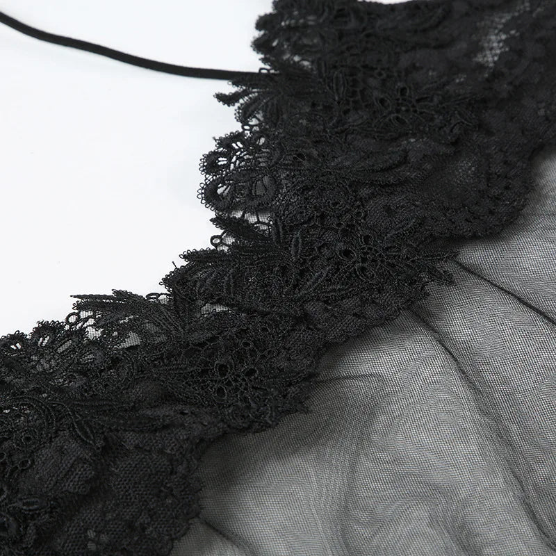 Lace Transparent Mini Dress Sexy Women Wrapping Spaghetti Embroidery Flower Sheath Nightwear Club Mesh Wave Fantacy