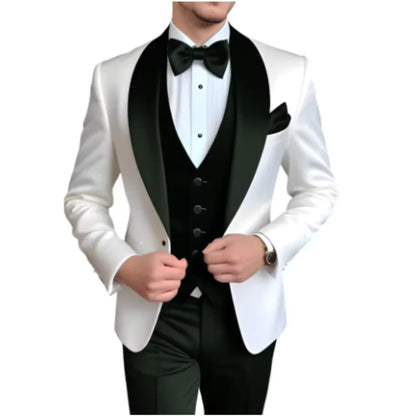 Solid Color Slim Fit Men's Tuxedo 3-Piece Set Fashion Business Wedding Suit with Shawl Lapel Blazer Vest Pants for Groom Party