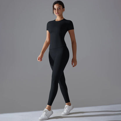 Yoga Set Women Workout Set Sportswear Gym Clothing Fitness Shorts Sleeve Crop Top High Waist Leggings Sports Suits