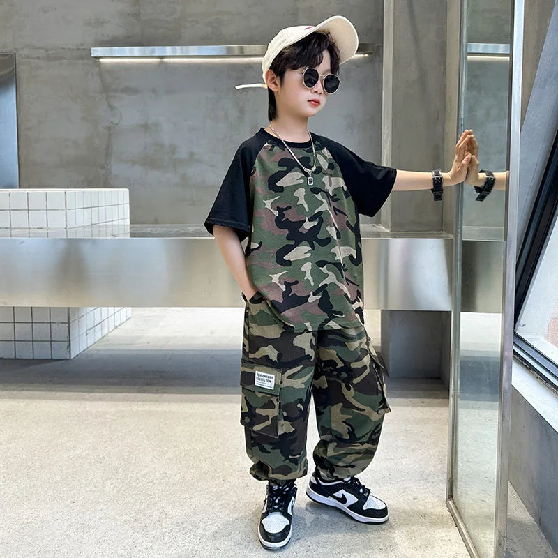 Teenage Boys Summer Camouflage Suit Thin Short-sleeved T-shirt Shorts Suit Children's Casual sports Suit Boys Clothes Sets