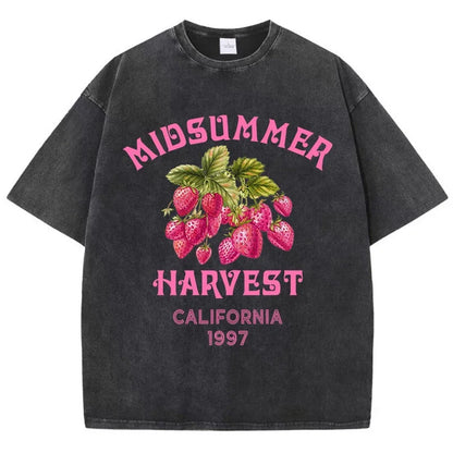 Men's Cotton T-shirt California Strawberry Printed Washed T-shirt Comfortable Round Neck Top Men's Summer Clothing