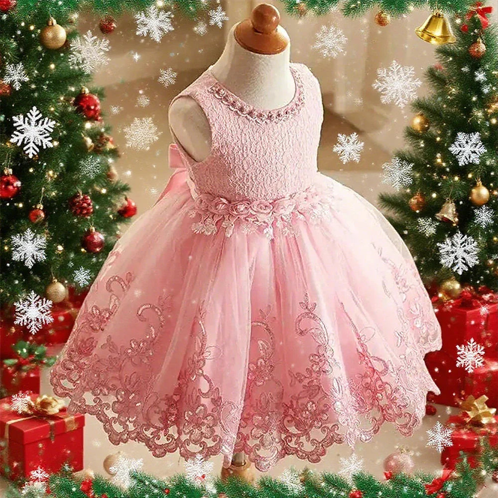 Baby Lace Wedding Dress Flower Girl Sleeveless Pearl Princess Dresses Infant 1st Birthday Party Costume Summer Kids Formal Gown