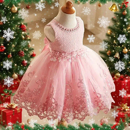 Baby Lace Wedding Dress Flower Girl Sleeveless Pearl Princess Dresses Infant 1st Birthday Party Costume Summer Kids Formal Gown