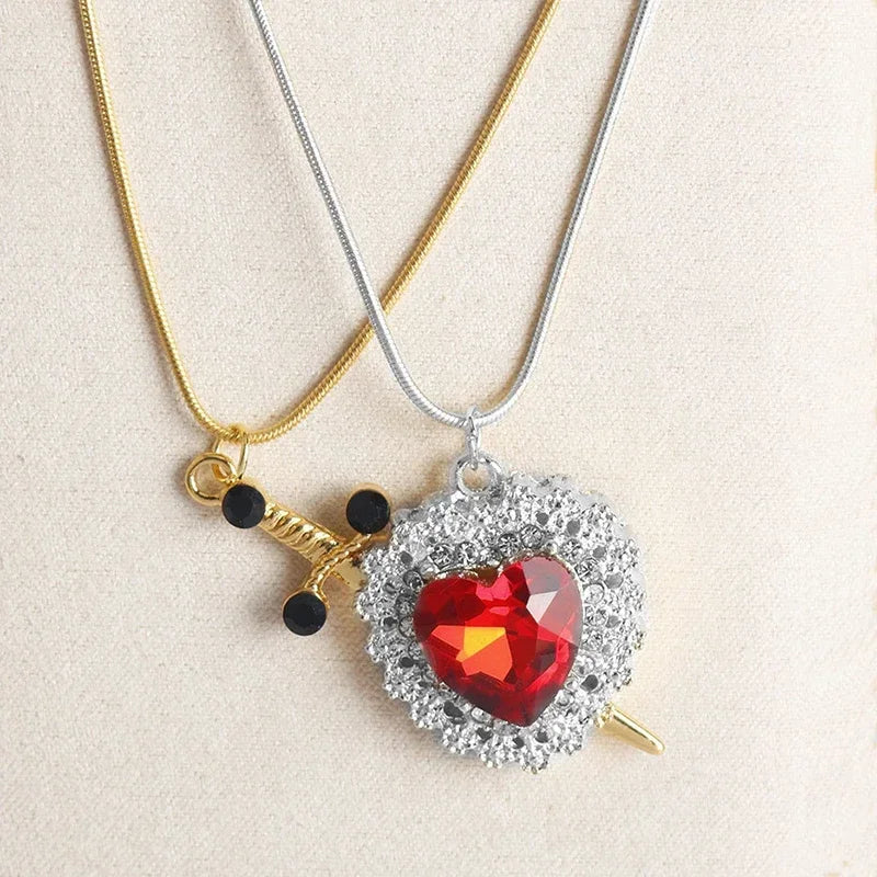 2pcs Can Be Assembled Heart and Sword Zircon Pendant Necklace for Women Men Couple Silver Gold Plated Choker Chain Jewelry