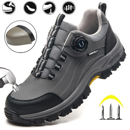 Men's Steel-Toed Safety Shoes With Anti-Crush, Anti-Puncture And Anti-Slip Soles, Fashionable Button Industrial Work Shoes