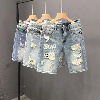 Men's Blue Casual Solid Denim Jean Shorts with Ripped Holes Wash Designer